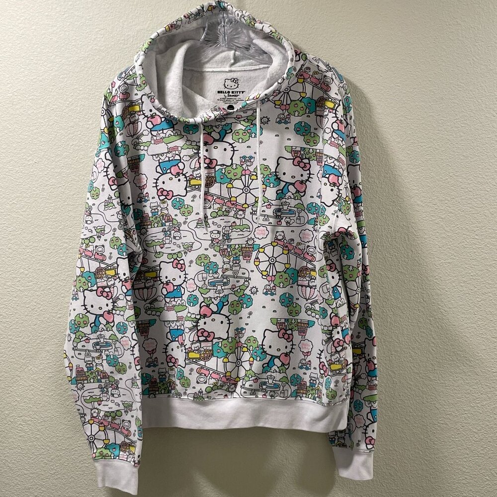 NEW SANRIO HELLO KITTY "Bustling Town" Pullover Hoodie White/Multi Adult Size L - Picture 2 of 7
